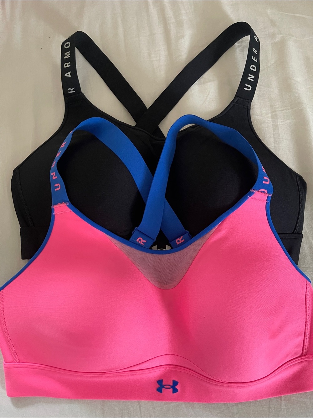 Two Under Armour High Impacts Sports Bras with molded cups, clasp back size L